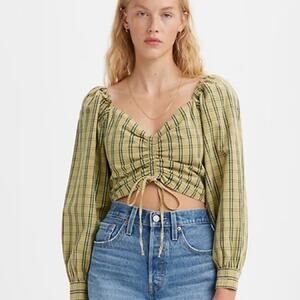NEW Levis Devin Top Long Sleeve Adjustable Cropped Smocked Back V-Neck $70 L